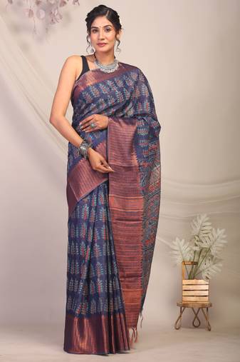 navy blue zari work, dabu embroidery cotton silk blend bhagalpuri ethnic saree with unstitched blouse