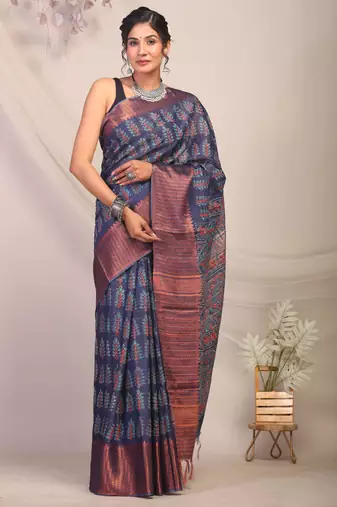 navy blue zari work, dabu embroidery cotton silk blend bhagalpuri ethnic saree with unstitched blouse