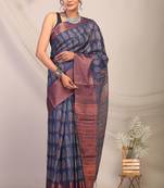 navy blue zari work, dabu embroidery cotton silk blend bhagalpuri ethnic saree with unstitched blouse