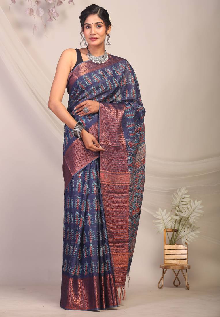 navy blue zari work, dabu embroidery cotton silk blend bhagalpuri ethnic saree with unstitched blouse