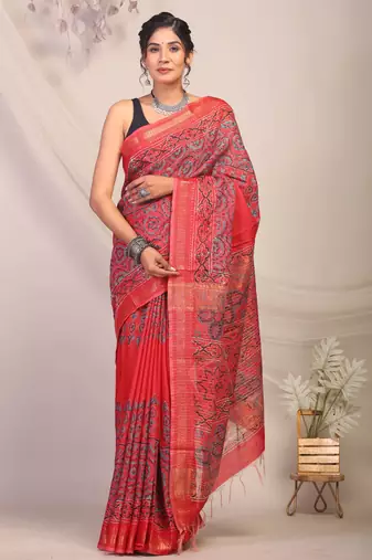 red zari work, dabu embroidery cotton silk blend bhagalpuri ethnic saree with unstitched blouse