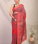 red zari work, dabu embroidery cotton silk blend bhagalpuri ethnic saree with unstitched blouse