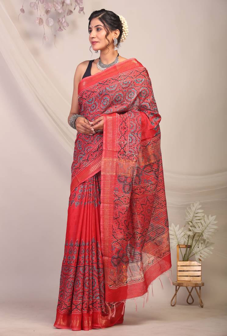 red zari work, dabu embroidery cotton silk blend bhagalpuri ethnic saree with unstitched blouse