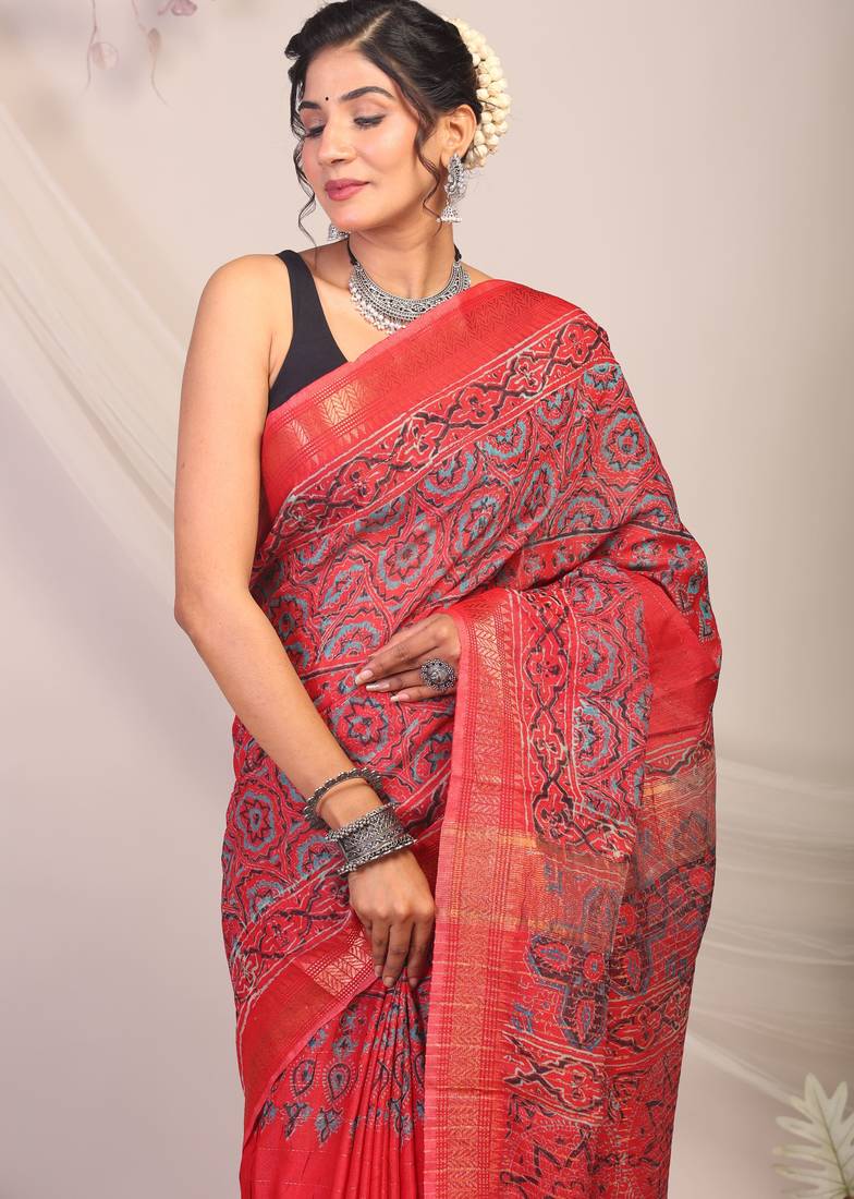 red zari work, dabu embroidery cotton silk blend bhagalpuri ethnic saree with unstitched blouse