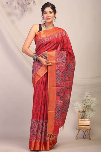 red zari work cotton silk blend bhagalpuri ethnic saree with unstitched blouse