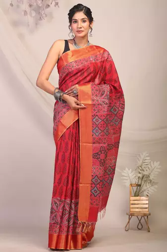 red zari work cotton silk blend bhagalpuri ethnic saree with unstitched blouse