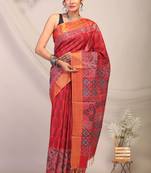 red zari work cotton silk blend bhagalpuri ethnic saree with unstitched blouse