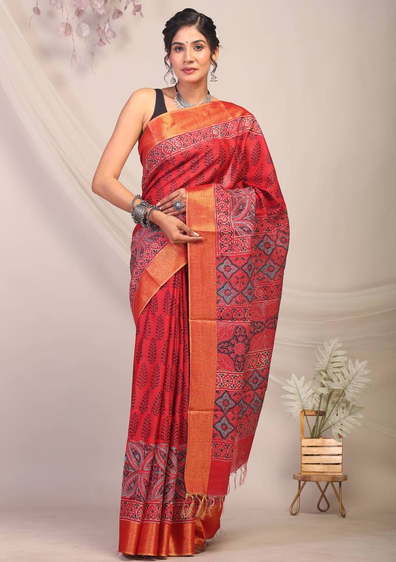 red zari work cotton silk blend bhagalpuri ethnic saree with unstitched blouse