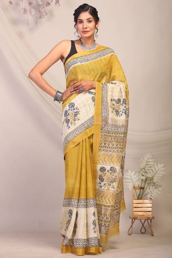 olive green & Yellow zari work cotton silk blend bhagalpuri ethnic saree with unstitched blouse