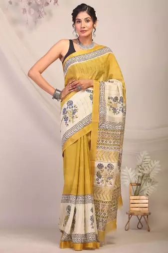olive green & Yellow zari work cotton silk blend bhagalpuri ethnic saree with unstitched blouse