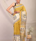 olive green & Yellow zari work cotton silk blend bhagalpuri ethnic saree with unstitched blouse