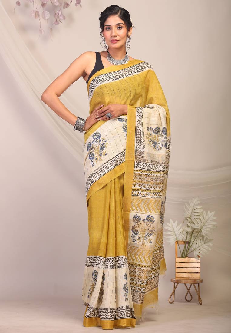 olive green & Yellow zari work cotton silk blend bhagalpuri ethnic saree with unstitched blouse