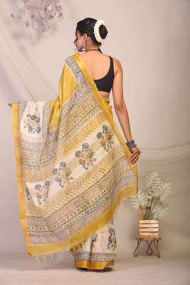 olive green & Yellow zari work cotton silk blend bhagalpuri ethnic saree with unstitched blouse 2