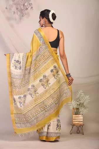 olive green & Yellow zari work cotton silk blend bhagalpuri ethnic saree with unstitched blouse