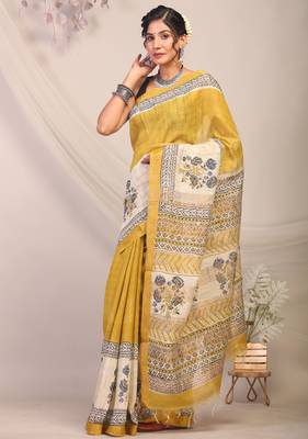 olive green & Yellow zari work cotton silk blend bhagalpuri ethnic saree with unstitched blouse 3