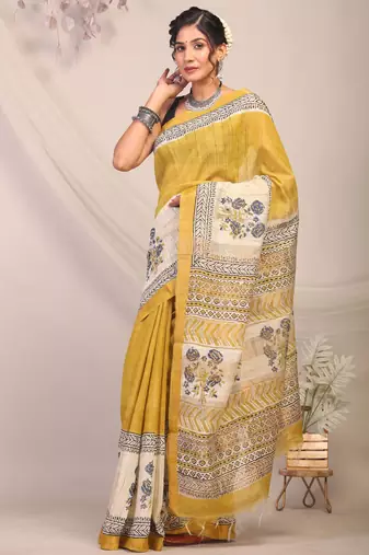 olive green & Yellow zari work cotton silk blend bhagalpuri ethnic saree with unstitched blouse