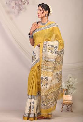olive green & Yellow zari work cotton silk blend bhagalpuri ethnic saree with unstitched blouse 4