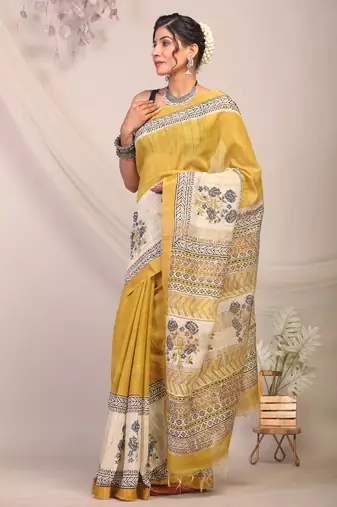 olive green & Yellow zari work cotton silk blend bhagalpuri ethnic saree with unstitched blouse
