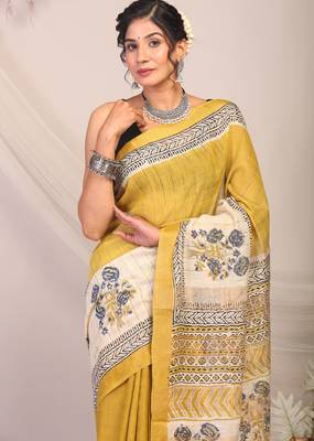 olive green & Yellow zari work cotton silk blend bhagalpuri ethnic saree with unstitched blouse 5