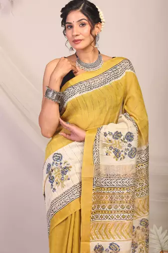 olive green & Yellow zari work cotton silk blend bhagalpuri ethnic saree with unstitched blouse