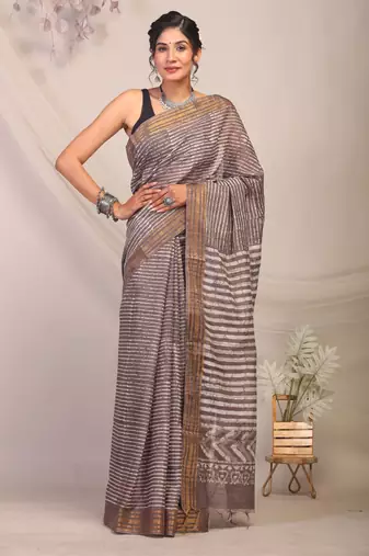 brown zari work cotton silk blend bhagalpuri ethnic saree with unstitched blouse