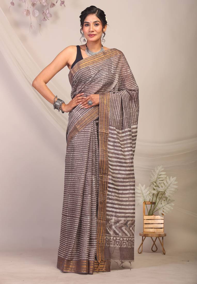 brown zari work cotton silk blend bhagalpuri ethnic saree with unstitched blouse
