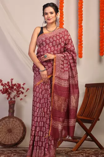 maroon zari work, sequence cotton silk blend bhagalpuri ethnic saree with unstitched blouse