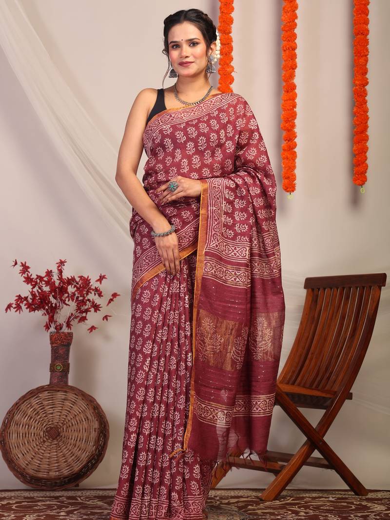 maroon zari work, sequence cotton silk blend bhagalpuri ethnic saree with unstitched blouse