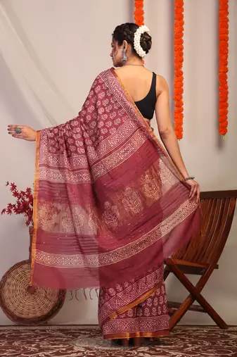 maroon zari work, sequence cotton silk blend bhagalpuri ethnic saree with unstitched blouse