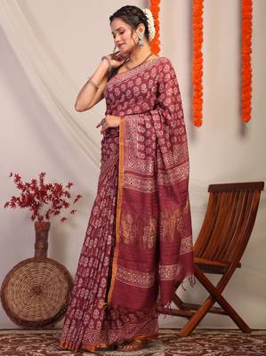 maroon zari work, sequence cotton silk blend bhagalpuri ethnic saree with unstitched blouse 3