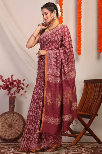 maroon zari work, sequence cotton silk blend bhagalpuri ethnic saree with unstitched blouse