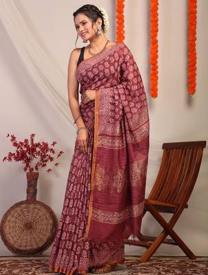 maroon zari work, sequence cotton silk blend bhagalpuri ethnic saree with unstitched blouse 4