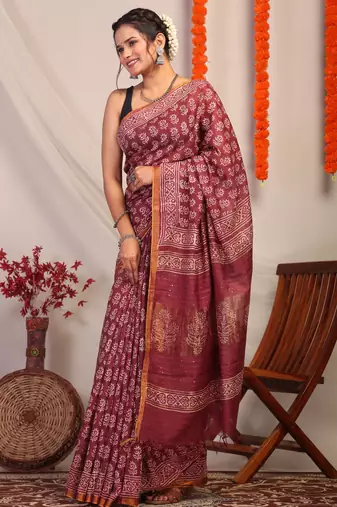 maroon zari work, sequence cotton silk blend bhagalpuri ethnic saree with unstitched blouse