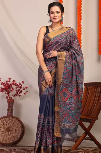 navy blue zari work cotton silk blend bhagalpuri ethnic saree with unstitched blouse