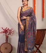 navy blue zari work cotton silk blend bhagalpuri ethnic saree with unstitched blouse