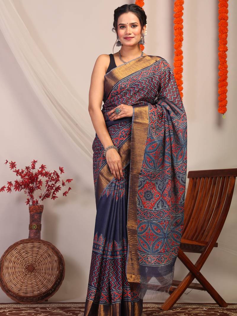navy blue zari work cotton silk blend bhagalpuri ethnic saree with unstitched blouse