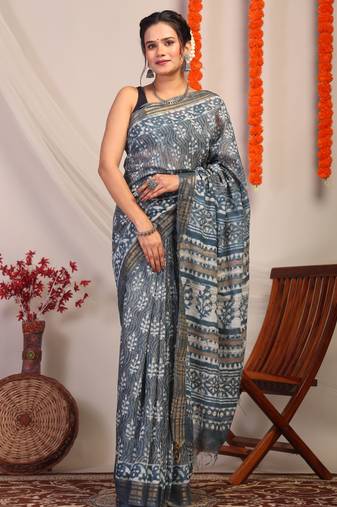 stone blue zari work cotton silk blend bhagalpuri ethnic saree with unstitched blouse