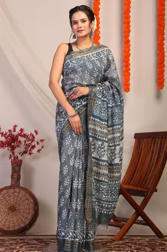 stone blue zari work cotton silk blend bhagalpuri ethnic saree with unstitched blouse