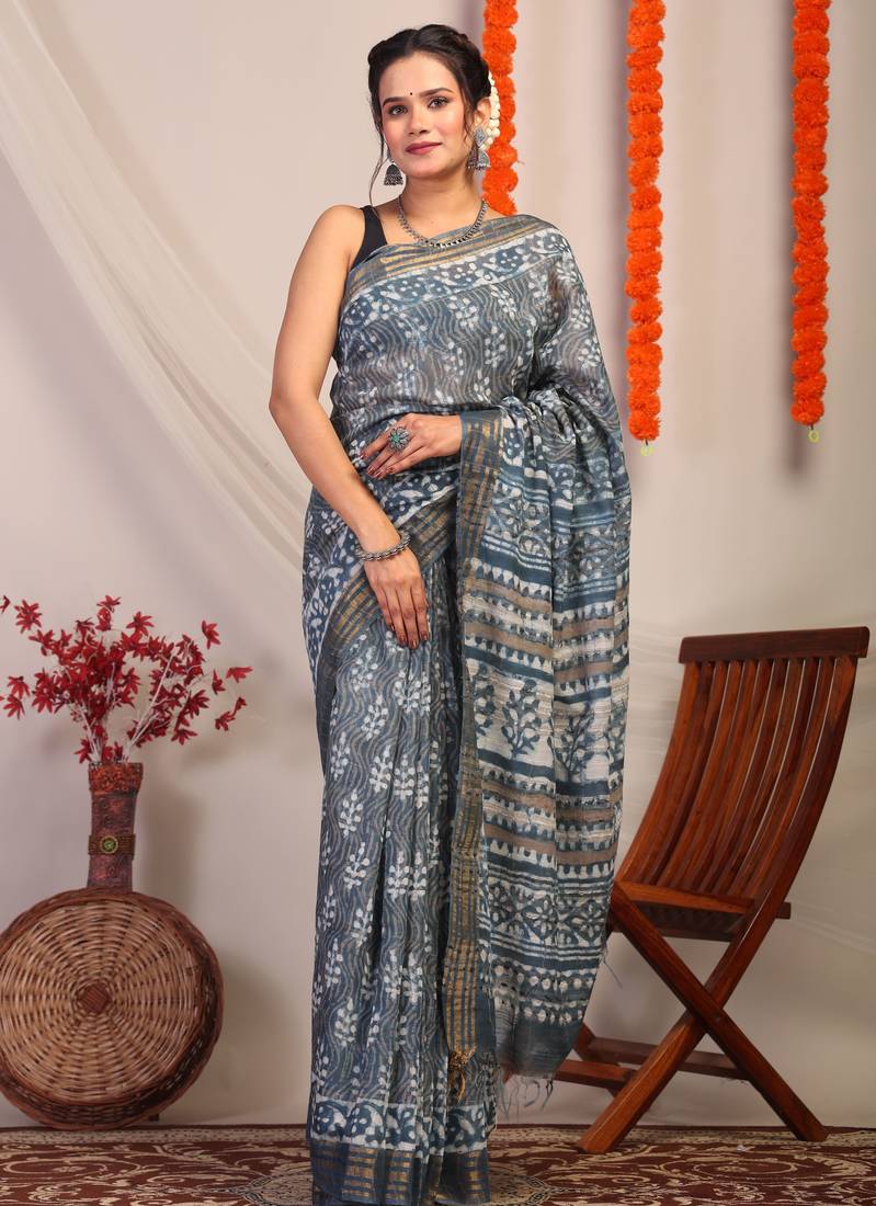stone blue zari work cotton silk blend bhagalpuri ethnic saree with unstitched blouse