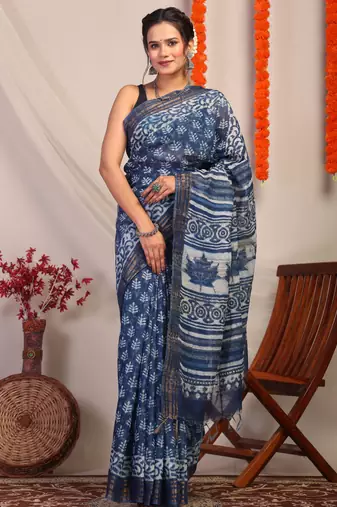 indigo blue zari work cotton silk blend bhagalpuri ethnic saree with unstitched blouse