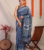 indigo blue zari work cotton silk blend bhagalpuri ethnic saree with unstitched blouse