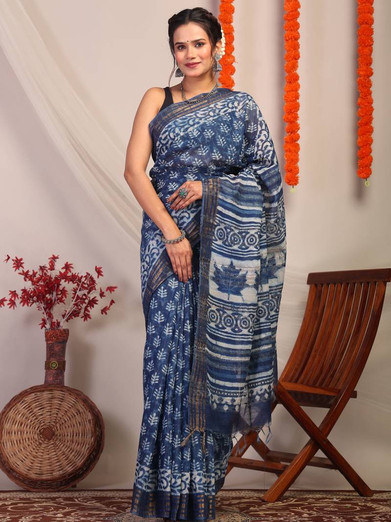 indigo blue zari work cotton silk blend bhagalpuri ethnic saree with unstitched blouse