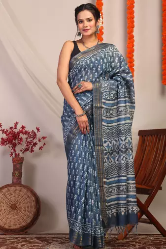blue zari work cotton silk blend bhagalpuri ethnic saree with unstitched blouse