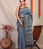 blue zari work cotton silk blend bhagalpuri ethnic saree with unstitched blouse
