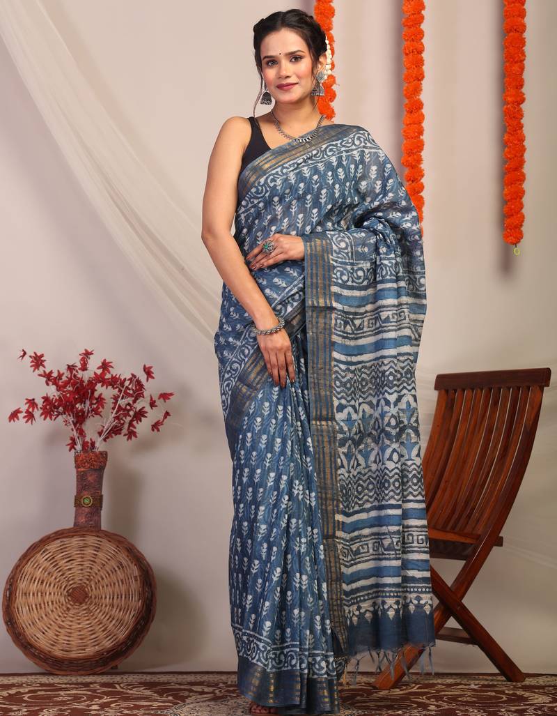 blue zari work cotton silk blend bhagalpuri ethnic saree with unstitched blouse
