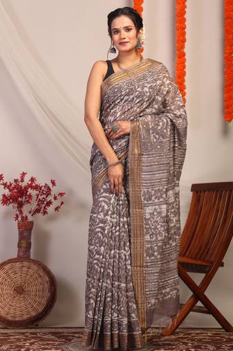 brown zari work cotton silk blend bhagalpuri ethnic saree with unstitched blouse
