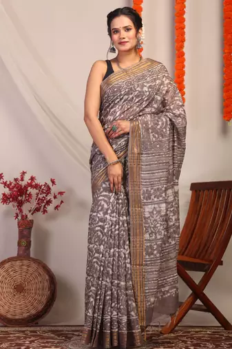 brown zari work cotton silk blend bhagalpuri ethnic saree with unstitched blouse
