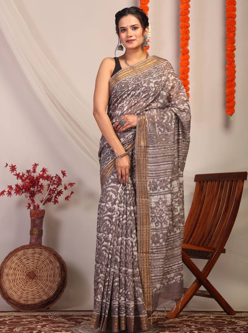brown zari work cotton silk blend bhagalpuri ethnic saree with unstitched blouse