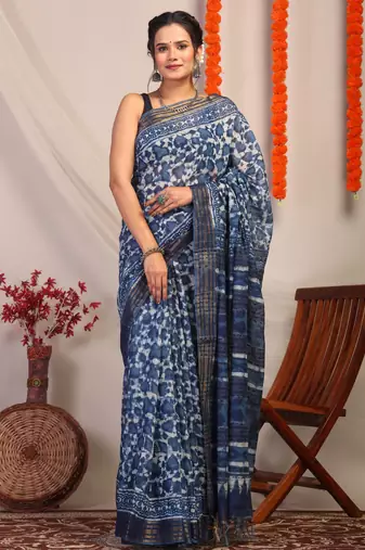 indigo blue zari work cotton silk blend bhagalpuri ethnic saree with unstitched blouse