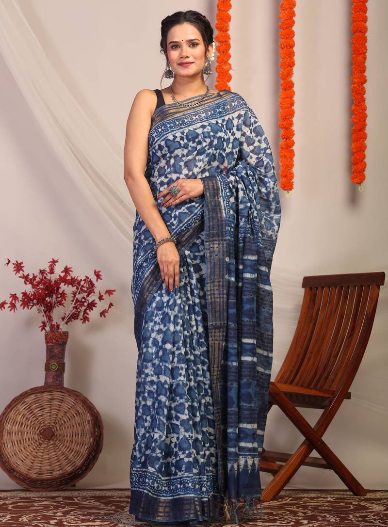 indigo blue zari work cotton silk blend bhagalpuri ethnic saree with unstitched blouse